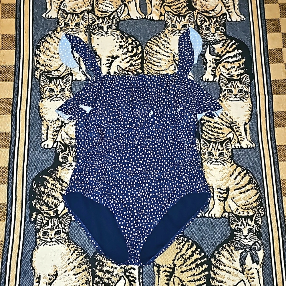 Kona Sol swimsuit one-piece polka dots Navy blue & white ruffles b23